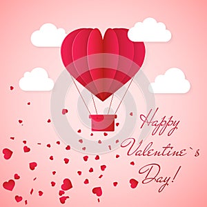 Happy valentines day invitation card template with red origami paper hot air balloon in heart shape, white clouds and confetti. Pi