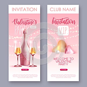 Happy Valentines Day invitation with 3D love hearts and champagne bottle with glass.