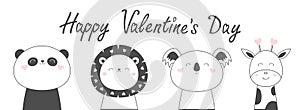 Happy Valentines Day. Koala Panda bear Lion Giraffe face head sketch line icon set. Kawaii animal. Scandinavian style. Cute