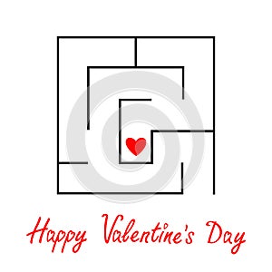 Happy Valentines Day. Labyrinth maze. Red heart sign symbol. Find your love concept. Intricacy. Flat design. White background.