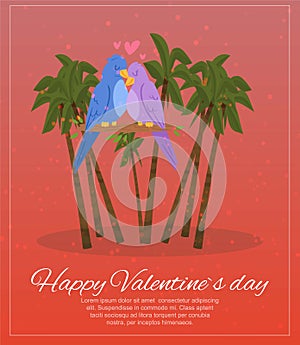 Happy valentines day lettering on banner, palm trees, love in nature, summer tropical beach, cartoon style vector