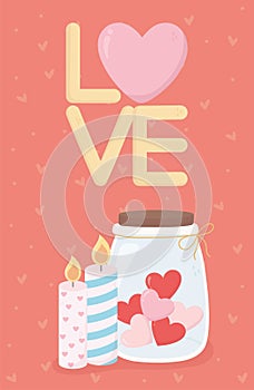 Happy valentines day lettering jar hearts candles