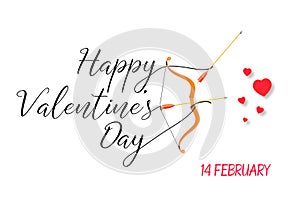 Happy Valentines Day lettering text with golden bow and arrow .