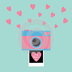 Happy Valentines Day. Love card. Camera Instant photo Flat design style. Pink hearts. Blue background