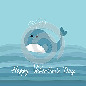 Happy Valentines Day. Love card. Cartoon whale in the ocean with blue waves Kids background Flat design