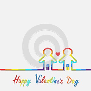 Happy Valentines Day. Love card. Gay marriage Pride symbol Two contour rainbow line man LGBT icon Red heart Flat design
