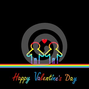 Happy Valentines Day. Love card. Gay marriage Pride symbol Two contour rainbow line man LGBT icon Red heart Flat design