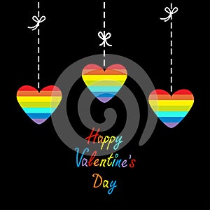 Happy Valentines Day. Love card. Hanging rainbow heart set. Dash line with bows. Flat design.