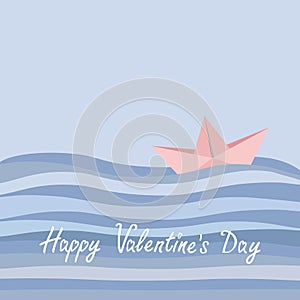 Happy Valentines Day. Love card. Origami paper boat and ocean sea waves. Flat design Rose quartz serenity color background