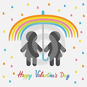Happy Valentines Day. Love card. Rainbow umbrella, heart rain.