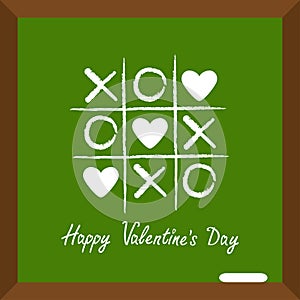 Happy Valentines Day. Love card. Tic tac toe game with cross and three heart sign mark XOXO Chalk line on school board. Wooden fra