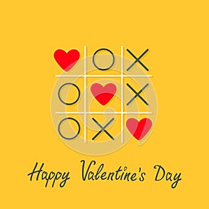 Happy Valentines Day. Love card. Tic tac toe game with cross and three red heart sign mark Flat design Yellow background