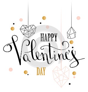 Happy valentines day love greeting card with white low poly style heart shape in golden glitter background