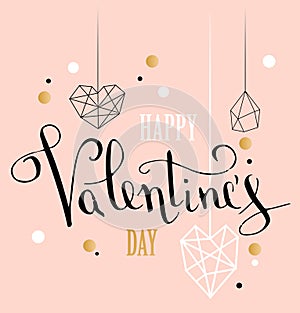 Happy valentines day love greeting card with white low poly style heart shape in golden glitter background