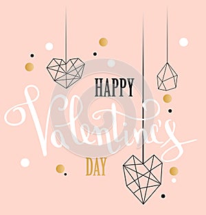 Happy valentines day love greeting card with white low poly style heart shape in golden glitter background