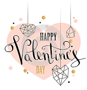 Happy valentines day love greeting card with white low poly style heart shape in golden glitter background