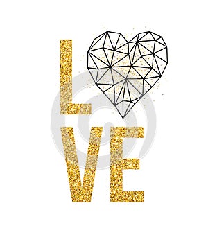 Happy valentines day love greeting card with white low poly style heart shape in golden glitter background. Vector