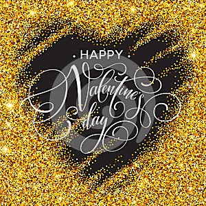 Happy valentines day love greeting card with white low poly style heart shape in golden glitter background. Vector