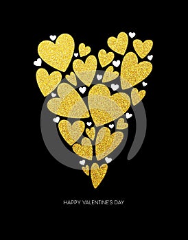 Happy valentines day love greeting card with white low poly style heart shape in golden glitter background. Vector