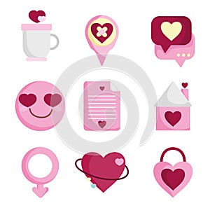 Happy valentines day, love heart romantic feeling emotion icons set