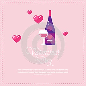Happy valentines day love holiday celebration concept champagne bottle with glasses greeting card heart shapes pink