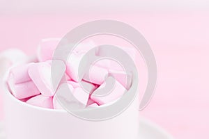 Happy Valentines day. Love theme. Pink sweet marshmallow hearts. Valentine`s day background, copy space