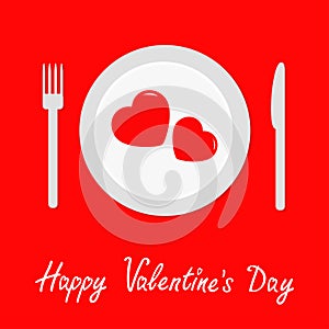 Happy Valentines Day Menu card. Fork, knife, plate with two hearts. Red tablecloth. Picnic blanket. Flat design style. Romantic ba