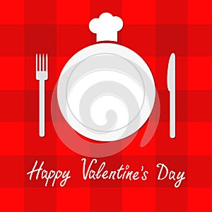 Happy Valentines Day Menu card. Fork, plate, knife and chefs hat. Red checkered pattern tablecloth. Gingham, picnic blanket. Flat
