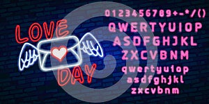 Happy Valentines Day neon glowing festive sign on a dark brick wall background. Love you text in heart shape. Holiday