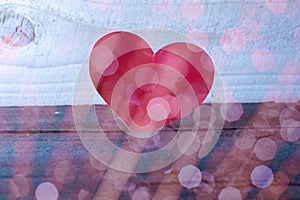 Happy Valentines day, paper hearts on wooden background with lights background