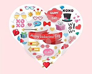 Happy Valentines Day party decoration, celebration accessories, stickers, photo booth props, flat vector illustration.