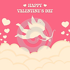 Happy valentines day. Pink cupid shoots a bow