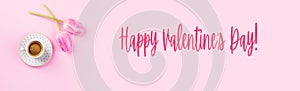 Happy valentines day pink web banner with coffee