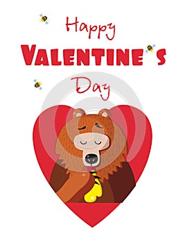 Happy valentines day postcard of cute bear eating honey in red heart