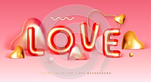 Happy Valentines Day poster with 3D chromic letters and gold love hearts. Holiday greeting card.