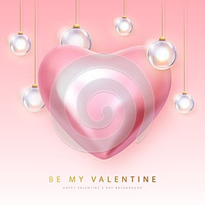 Happy Valentines Day poster with 3D pink metallic heart and electric lamps.