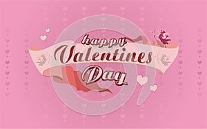 Happy valentines day poster with calligraphy text on ribbon. Vector illustration
