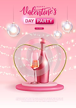 Happy Valentines Day poster with 3D love heart and champagne bottle with glass.