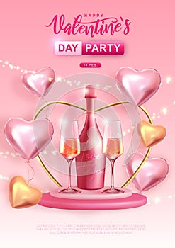 Happy Valentines Day poster with 3D love hearts and champagne bottle with glasses.