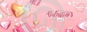 Happy Valentines Day poster with 3D pink and gold love hearts and gift box. Valentine holiday background.