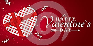 Happy Valentines day red romantic banner. Gift from the heart. White gift box with a red bow. Pattern of hearts. Background for yo