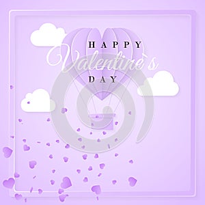 Happy valentines day retro invitation card template with origami paper hot air balloon in heart shape. Purple background. Vector
