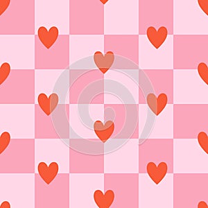 Happy Valentines Day retro seamless pattern with groovy hearts. Cute hearts on checkerboard background.