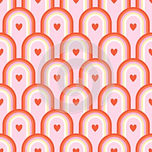 Happy Valentines Day retro seamless pattern with groovy rainbow and heart shape.