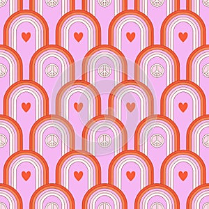Happy Valentines Day retro seamless pattern with groovy rainbow, hippie sign and heart shape.
