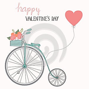 Happy Valentines day .Romantic bicycle with hand lettering.illustration EPS10.