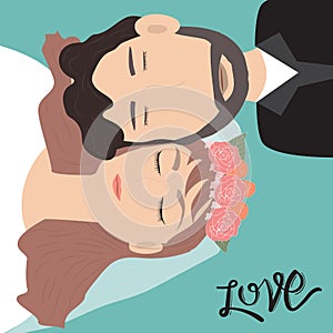 Happy Valentines day .Romantic Bride and Groom with hand lettering.illustration EPS10.