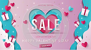 Happy Valentines Day Sale Background with gift boxes on waves of love made of paper and hearts in origami style