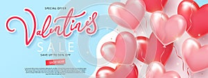 Happy Valentines Day Sale banner. Holiday background with border frame made of realistic heart shaped pink balloons on light blue