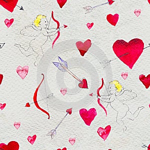 Happy Valentines Day. Seamless pattern with red watercolor hearts cupid with bow and arrow.
